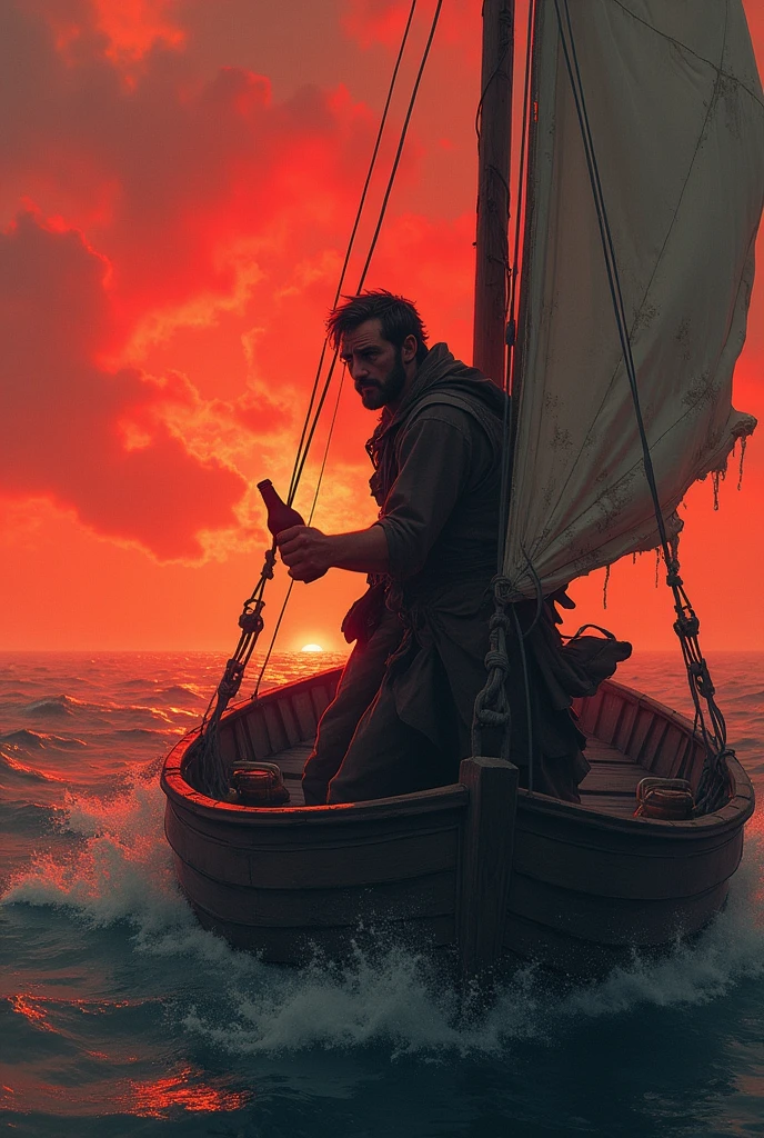 Man adrift in a boat, in horizon perspective, holding a bottle in his left hand, holding on to the sail mast, with the reddish sky