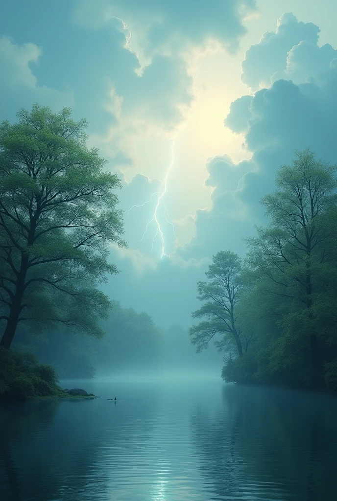 beautiful sky,trees,water, lightning,foggy