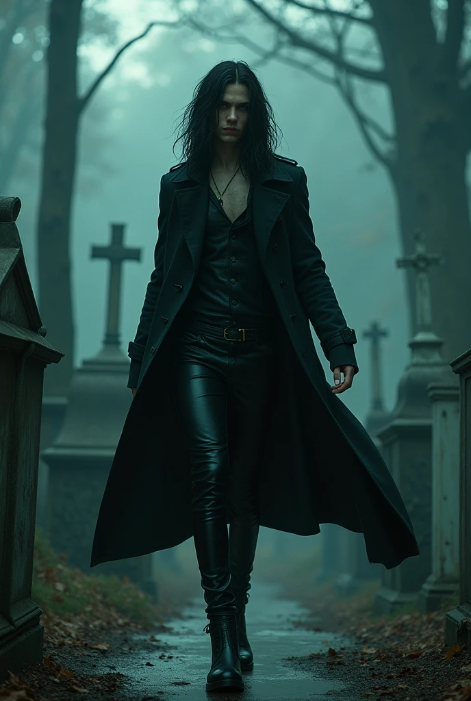 A sexy male with delicate facial features, long black hair, and teal eyes, wearing black shiny leather jeans and a black long trench coat. He is dancing in the cemetery. (Male) (gloomy atmosphere) (eerie atmosphere) (no facial hair) (scary atmosphere) (dark and smoky)