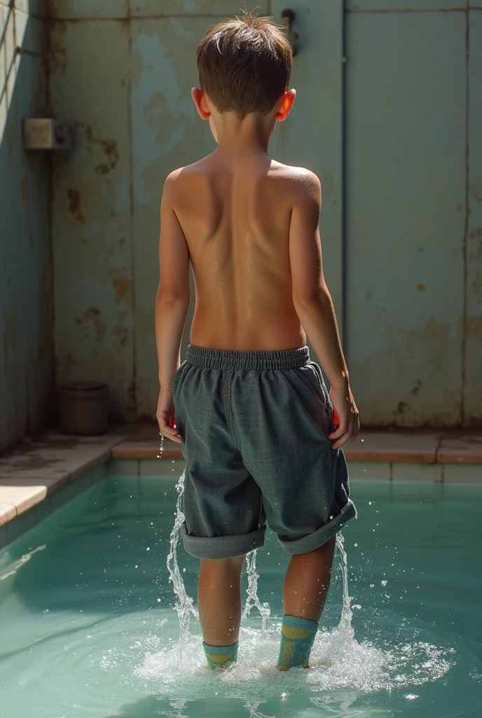 A pubescent boy getting wet/getting soaked with clothes on (chicken, pants, socks and shoes) en la ducha todo mojado y goteando monstrando el trasero con los pants empapados