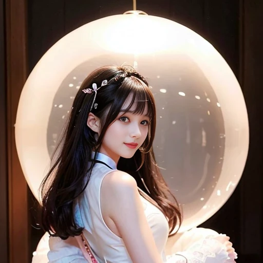 best quality, Delicate face，beautiful visual work, lifelike,  eternity, black hair, Long curly hair, blunt bangs, Smile, Detailed Background,  Delicate face，pink blush，cold，((masterpiece))、(top quality)、8k、high detail、Super detailed，21 years old female，Wearing Chinese cheongsam、Seductive and whimsical style、masterpiece、born、Scenes resembling fairy tale illustrations、Intricate details and complex designs、Beautifully、magic、capricious、 Beautifully、Dream aesthetics、「𝓡𝓸𝓶𝓪𝓷𝓽𝓲𝓬、ethereal、charming、fickle、magic」、Realism、Visual effects、FXAA、SSAO、Shaders、voiceless、ambient lighting、Tone mapping、High resolution、Ultra high quality、Million pixels、(8K resolution:1.10)、8k、Below 8K、8K resolution、high detail、intricate details， (high quality:1.2、masterpiece:1.2、:1.21)、(21 years old female:1.21)、(Smile excitedly)、(Surrounded by the dreamy atmosphere、Model diagram，full-body shot，Normal 2 feet，Don't show your fingers