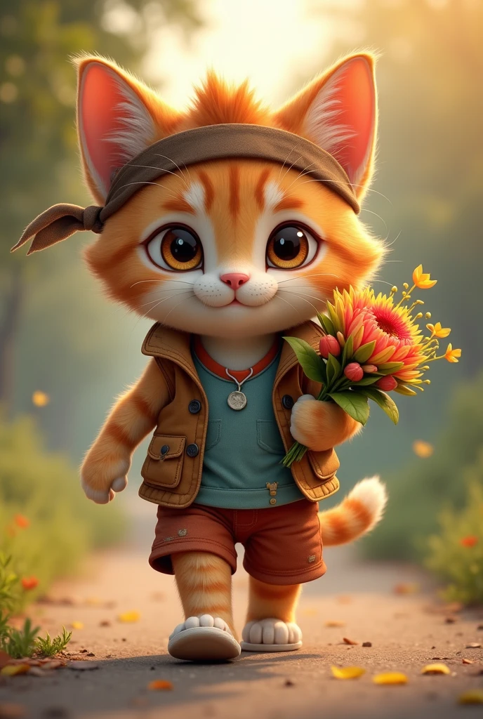 rescue story
"A cute and determined anthropomorphic cat cub, dressed in a torn vest, in his hands a bouquet of flowers, shorts and a headband, is walking in a solid place. The cat's fur is fluffy and well-groomed, which adds a touch of charm to your fierce training session. 8k resolution,