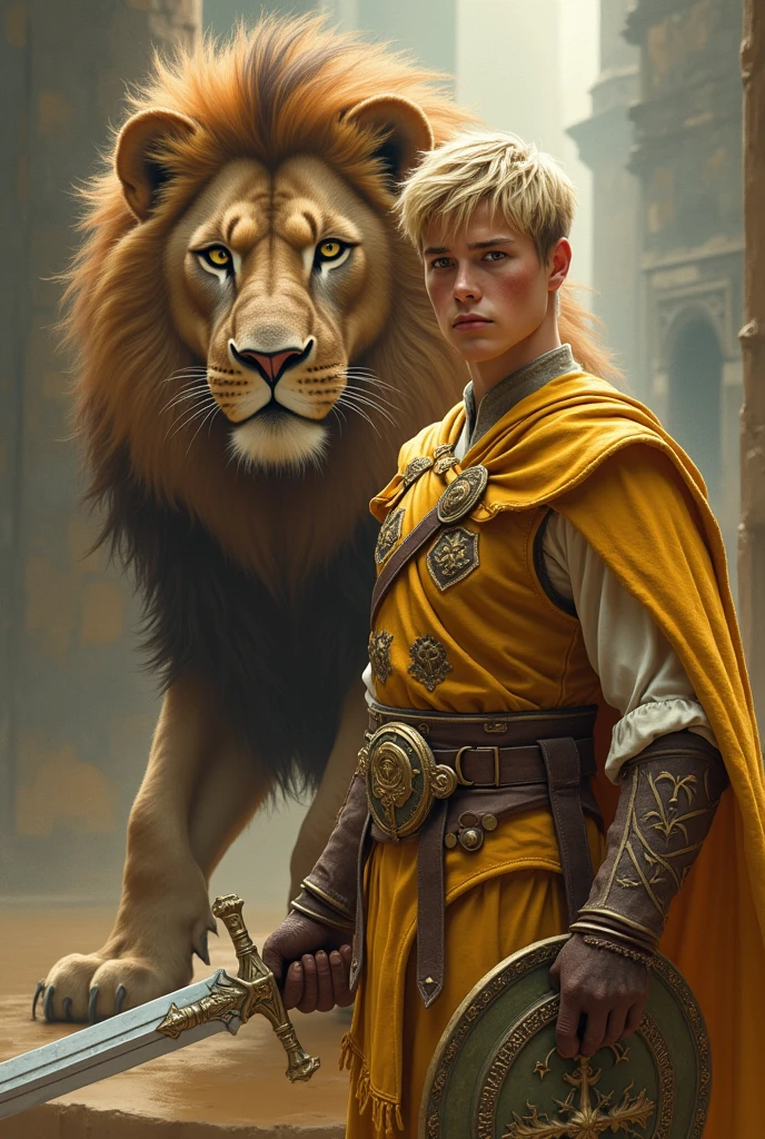 Make an 18 year old teenager. He has blond hair, greeneyes, goatee and a scar over his left eye. He is wearing a golden outfit with a lion crest on his chest., holding a sword in his left hand. He is in a fighting stance and next to him is a huge lion., which is your mascot. The young man has straight hair and holds a shield in his right hand.