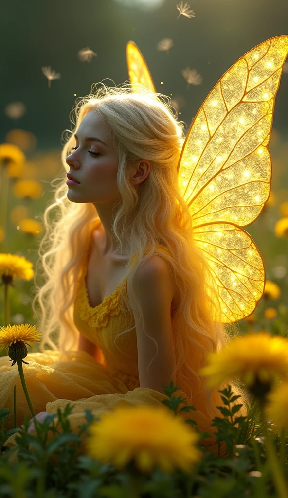 a beautiful and georgous fairy with very extreme long blond hair magnificent translucent bioluminescent wings and an enchante sitting in a big dandelions on dandelion trees moss with intriguing deyails and pattern and magical soft binder of yellow stars which escapes in the shape of diamond.odilon reddon style . pointillisme . grainy pastel. soft focus 8k..high detailed. glowing. sweet. soft.