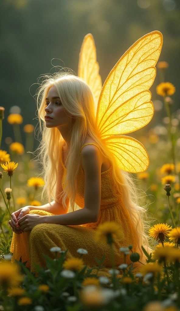 a beautiful and georgous fairy with very extreme long blond hair magnificent translucent bioluminescent wings and an enchante sitting in a big dandelions on dandelion trees moss with intriguing deyails and pattern and magical soft binder of yellow stars which escapes in the shape of diamond.odilon reddon style . pointillisme . grainy pastel. soft focus 8k..high detailed. glowing. sweet. soft.