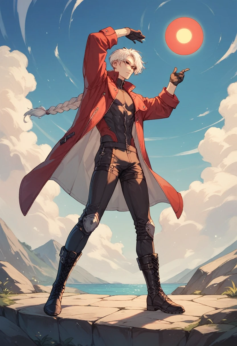 human Male ,Clear Skin , round Red Sun Glasses , white hair,long braided ,zip Red Coat  , Black Gloves  , Black boots , Full body ,pose