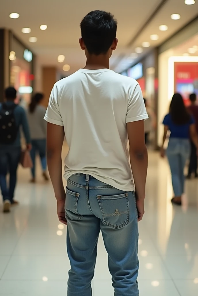 A boy age 27 south India from andhrapradesh wear jeans and t-shirt dusky skin and searching for his girlfriend in shopping mall in mumbai city.