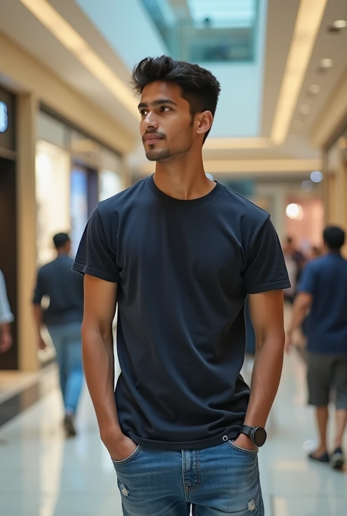 A boy age 27 south India from andhrapradesh wear jeans and t-shirt dusky skin and searching for his girlfriend in shopping mall in mumbai city.