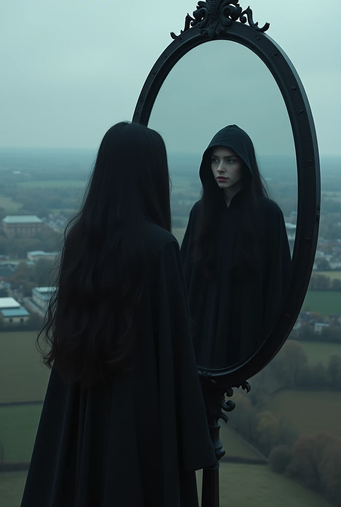 Aesthetic bou with long hair look into the Mirror and dark shadow wear a black hoodie and black trouser and standing the top roof of the building and see the see the country