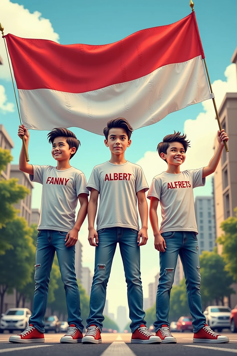 Produce 3 Realistic 30 year old boys, wearing a white t-shirt, blue jeans, sneakers, and name "fanny" "ALBERT" "ALFRETS" written on his shirt and the boy is standing on the street holding the Indonesian national flag, and behind it is Red For Indonesia. and written in the sky Independence Day "create high quality Realistic images, 4k resolution, in a realistic comic book style