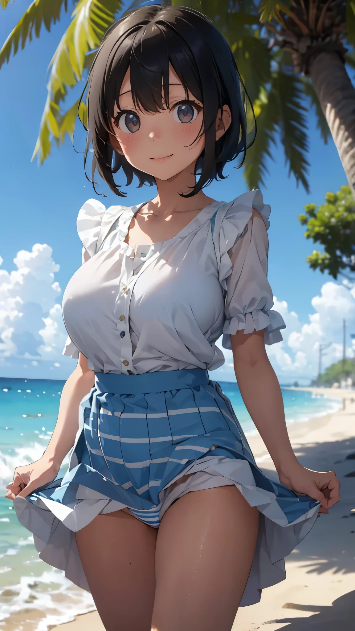 (Cute Smile、Kana Hanazawa、Girl with short black hair、Cute orange hair clip)、((A white blouse clinging tightly to a blue bra、Light blue and white striped long cart))、barefoot、barefoot、((Sandy beach, sea and blue sky))、((The face is in focus and the background is blurred、Shallow depth of field))、Realistic、Standing posture、((Big Breasts、Closer valley))