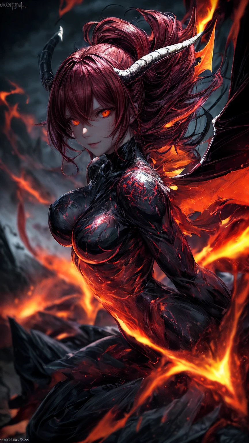 Storyboard, masterpiece, highest quality, dragonlady queen, perfect demoness, bright red glowing eyes, detailed eyes (1.4), scars on face, villainous expression, flaming skin body with bioluminescent glowing pattern, ready for battle, blurred stormy background, dark atmosphere, lighting in background,full body,