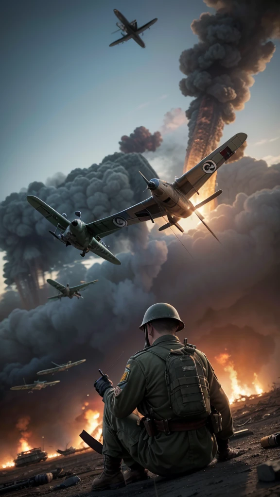 Create a real image of a WWII combat. That there is aerial combat between planes and in the background a real apocalyptic scenario.