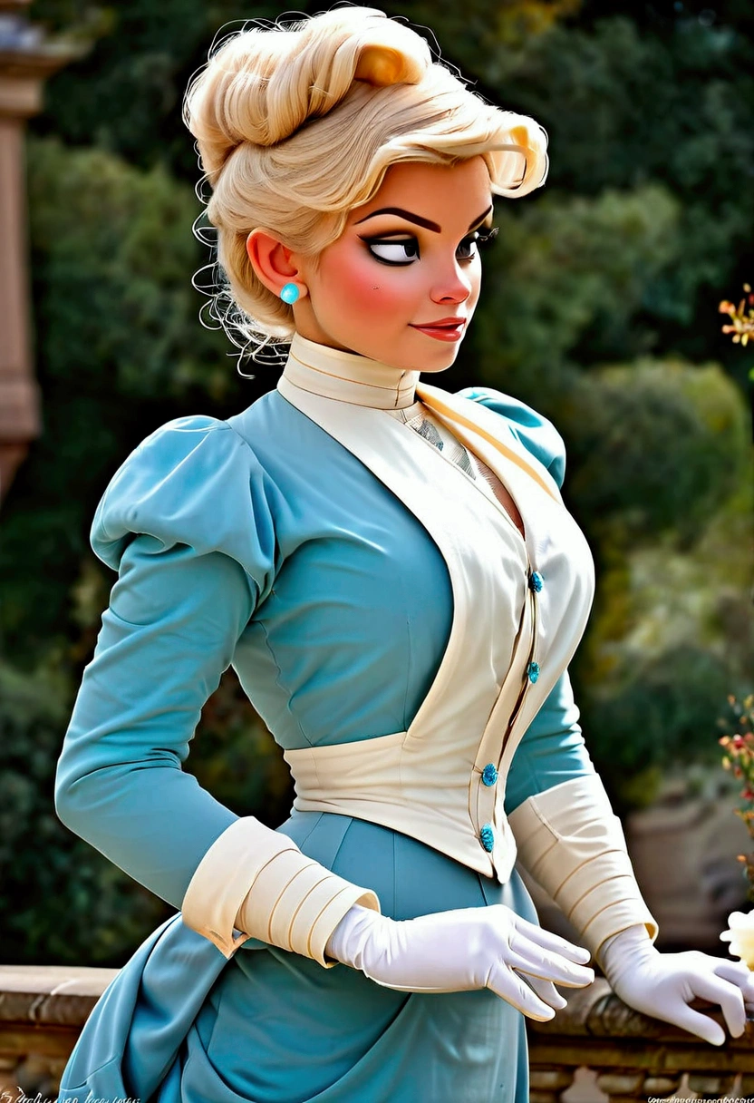 1girl. Humanized Daisy Duck as a hot 15yo Gibson Girl, seducing a horny 69yo gentleman. 1890s fashion. Victorian high-collar turquoise dress with long sleeves cuffed into wrist-high white silk gloves. Sheer peek-a-boo top. 1900_dr3ss, decorated wide-brimmed picture hat. Honey blonde hair. Large bosom, 9-inch wasp waist, big booty. Thicc thot. Slutty demeanor. Sexy pose. Porcelain skin. Full body