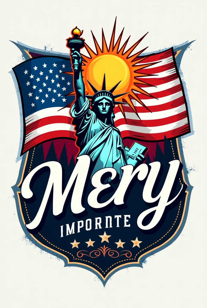 A clothing logo that says in Spanish: Mery Imported . That has the United States flag in the background, another argentine flag with 3 stars on it and the sun and the statue of liberty
