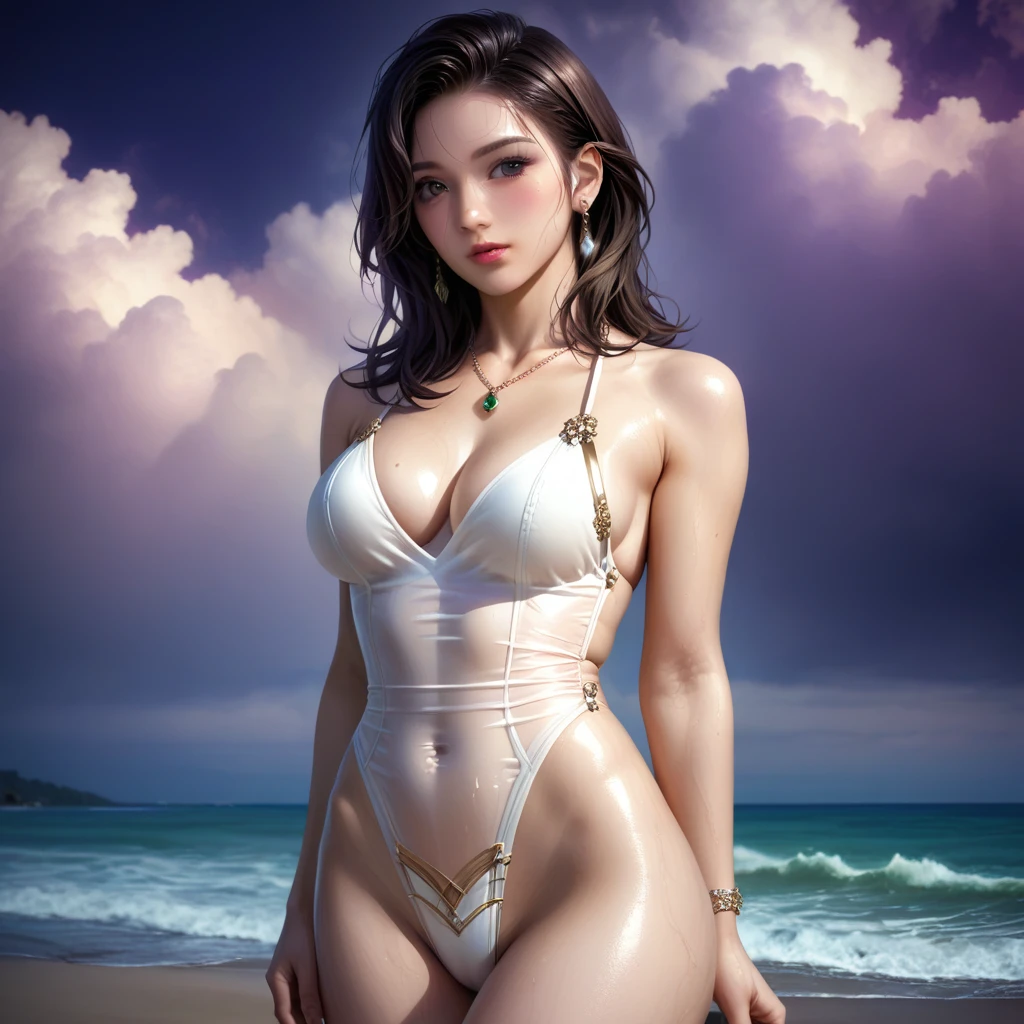 score_9, score_8_superior, score_7_superior, High resolution 3D anime style,A masterpiece in 32K resolution,Highest quality,it is really amazing,Very detailed,Ultra-high resolution,Ultra-realistic,Realistic,Increased depth of field,Cinematic lighting,
Elegant mature Japanese woman,
black straight medium hair,Ultra-detailed and beautiful face,Calm expression,Translucent white skin,Realistic skin texture,Great proportions,
Sexy high leg dress swimsuit,
Luxurious design,Chic color patterns,Beautifully detailed decoration,Detailed fabric texture,
Gorgeous necklace,Earrings,
Dark skies before the storm,Dark clouds covering the dark sky,Thunderclouds rolling in,Coastline at night,Stormy seas,delay々A desolate sandy beach that continues,
Dramatic Angle,