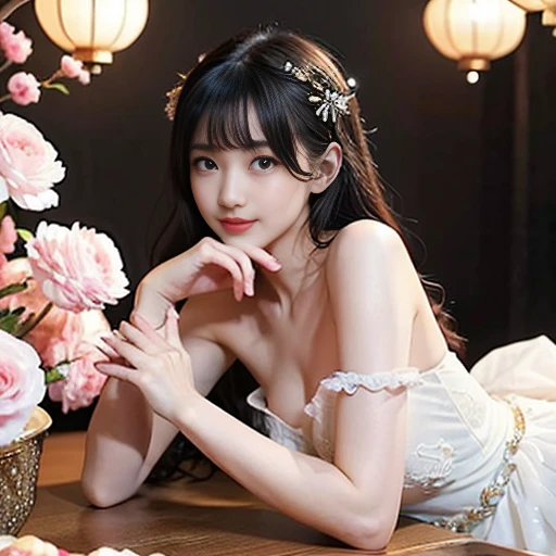 best quality, Delicate face，beautiful visual work, lifelike,  eternity, black hair, Long curly hair, blunt bangs, Smile, Detailed Background,  Delicate face，pink blush，cold，((masterpiece))、(top quality)、8k、high detail、Super detailed，21 years old female，Wearing Chinese cheongsam、Seductive and whimsical style、masterpiece、born、Scenes resembling fairy tale illustrations、Intricate details and complex designs、Beautifully、magic、capricious、 Beautifully、Dream aesthetics、「𝓡𝓸𝓶𝓪𝓷𝓽𝓲𝓬、ethereal、charming、fickle、magic」、Realism、Visual effects、FXAA、SSAO、Shaders、voiceless、ambient lighting、Tone mapping、High resolution、Ultra high quality、Million pixels、(8K resolution:1.10)、8k、Below 8K、8K resolution、high detail、intricate details， (high quality:1.2、masterpiece:1.2、:1.21)、(21 years old female:1.21)、(Smile excitedly)、(Surrounded by the dreamy atmosphere、Model diagram，full-body shot，Normal 2 feet，Don't show your fingers