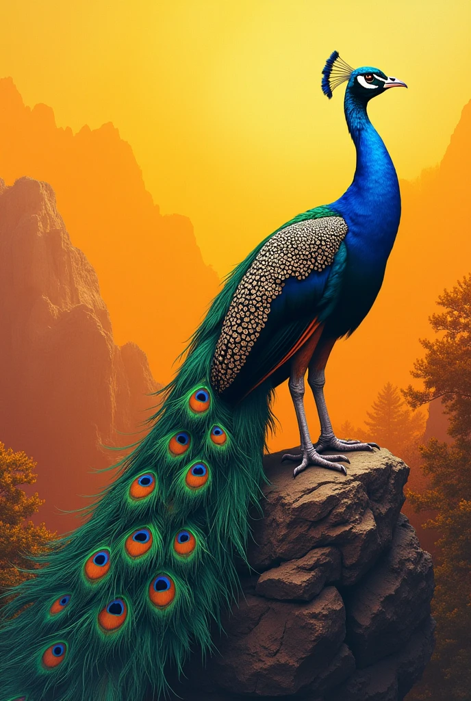 add peacock feathers, make the mountain golden (yellow and orange)
