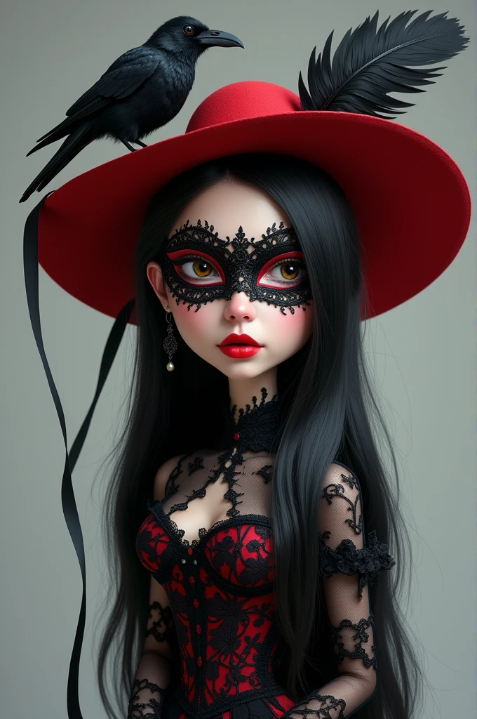 **4d caricature with a big head, a beautiful realistic woman, long black hair, wearing a red hat, wearing black boots on her feet, with a black crow on it, a black ribbon & a big black feather, she is wearing a black & red lacy half mask with intricate patterns, she has bright red matte lips, black & red lace dress with high lace collar, full body, calm gray background**