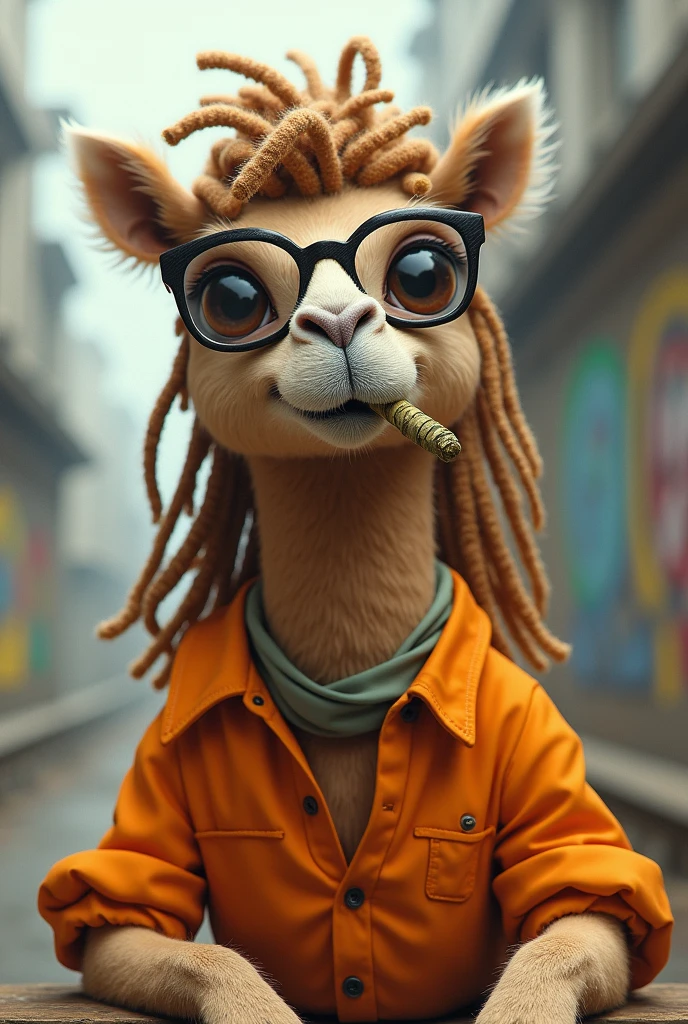 Create image of camel with glasses, orange nja shirt with collar, dreadlocks and a marijuana joint 