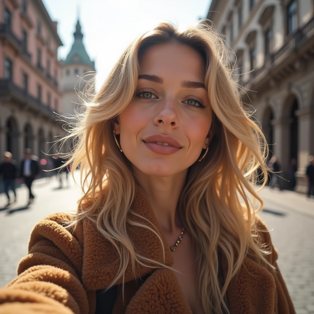 Generates a selfie of a 20-year-old Scandinavian woman, golden fur, in the zocalo of mexico city. With elegant clothes , smiling