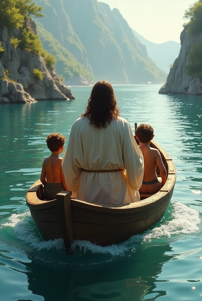 JESUS CHRIST from behind in a boat with two children sailing realistic

