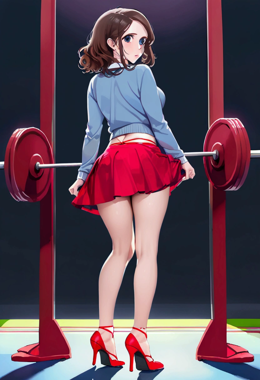 Alison Brie as Annie Edison from Community, (18 year old Alison Brie:1.3), whole body view, short tight pencil skirt, tight cardigan with deep cleavage, flat shoes, dark brown hair, deep blue eyes, pale white skin, bare thighs, viewed from behind and slightly below, (lifting her skirt to show crimson red thong:1.6), (wedgie) 