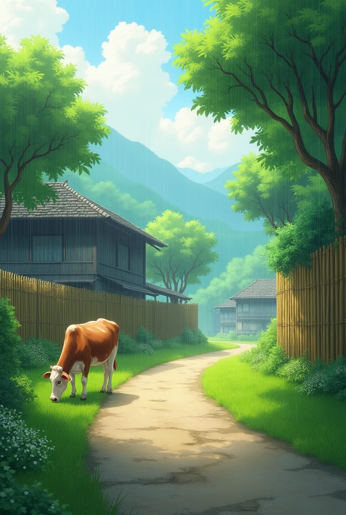 village road, cow, light rain, grass, bamboo wall