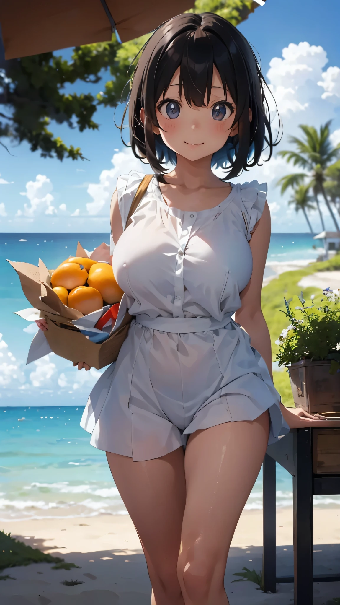 (Cute Smile、Kana Hanazawa、Girl with short black hair、Cute orange hair clip)、((A white blouse clinging tightly to a blue bra、Light blue and white striped long cart))、barefoot、barefoot、((Sandy beach, sea and blue sky))、((The face is in focus and the background is blurred、Shallow depth of field))、Realistic、Standing posture、((Big Breasts、Closer valley))