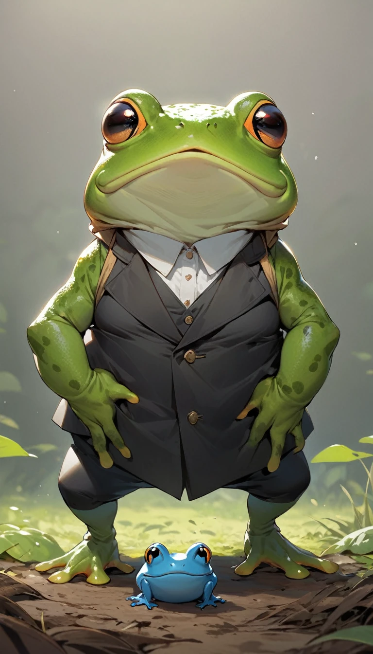 (masterpiece, best quality:1.2), 1 girl, Solitary, whole body, (Anthropomorphic frogs, hairy, Beast field), Curious, Simple background