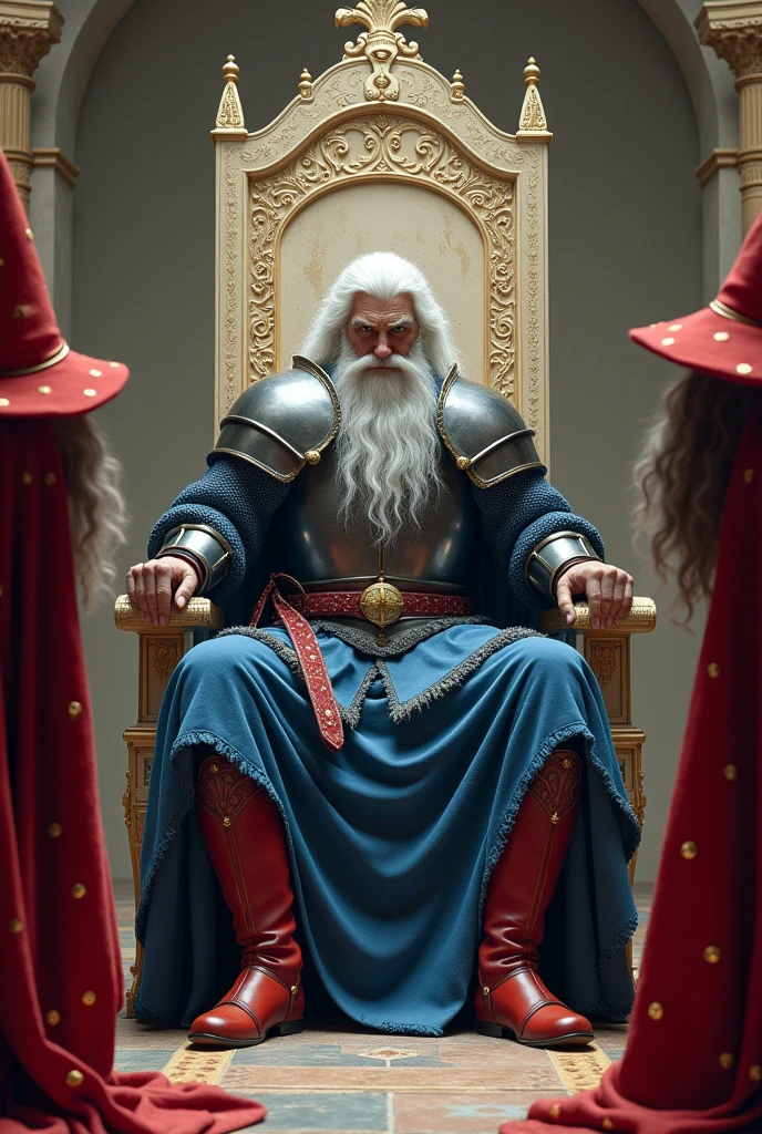 medieval male knight with white hair, blue colored armor, red boots, sitting on an ivory-colored throne, in the middle of a room where wizards with their dotted hats revere the warrior