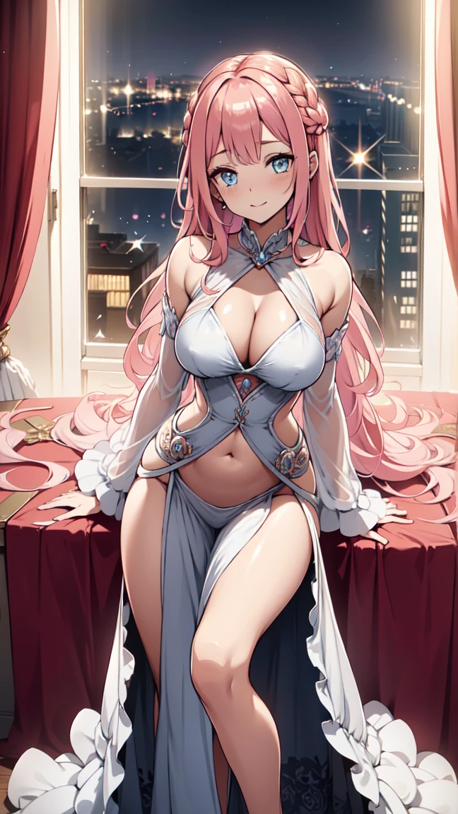 Wear an elegant and elegant modern sheer dress,Intricately designed clothing,exquisite clothing,long pink curly hair,modern goddess,Light blue eyes,Sophisticated modern clothing,breast view, panty view. Arched backward. night,She appeared in the bedroom of a luxury hotel,Seductive pose,8k,High resolution