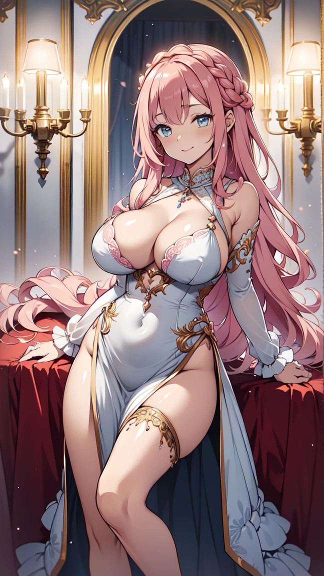 Wear an elegant and elegant modern sheer dress,Intricately designed clothing,exquisite clothing,long pink curly hair,modern goddess,Light blue eyes,Sophisticated modern clothing,breast view, panty view. Arched backward. night,She appeared in the bedroom of a luxury hotel,Seductive pose,8k,High resolution