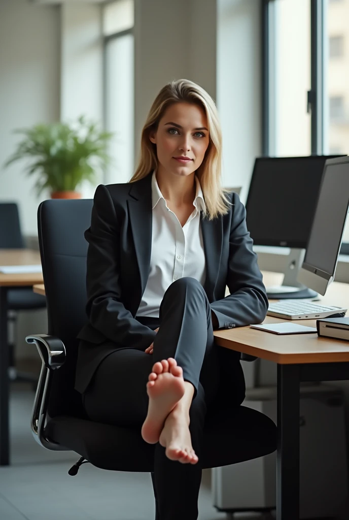 Create a realistic image of a businesswoman, approximately 30 years old, sitting casually in an office with her bare feet propped up on a desk. She should be dressed in professional business attire, such as a suit or blouse with a skirt/pants, but with her shoes removed and feet comfortably resting on the desk. The office setting should include typical office furnishings, such as a desk, chair, and computer, with a modern and tidy appearance. The businesswoman should have a relaxed or confident posture, and the scene should convey a balance between professionalism and casual comfort. Ensure that the lighting is natural and enhances the details of both the businesswoman and the office environment.