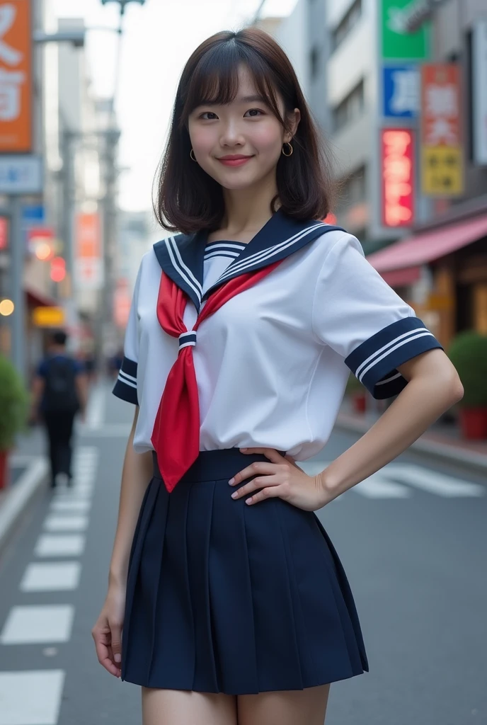 Big ass and big boobs girl in school uniform on the streets of Tokyo Japan