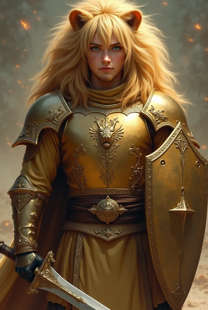 Make an 18 year old ager. He has blond hair, greeneyes, goatee and a scar over his left eye. He is wearing a golden outfit with a lion crest on his chest., holding a sword in his left hand. He is in a fighting stance and next to him is a huge lion., which is your mascot. The young man has straight hair and holds a shield in his right hand., he wears black gloves on both hands