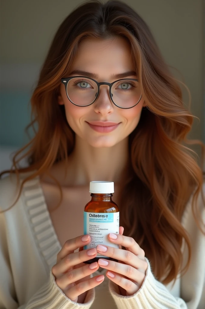 Woman, chestnut hair (smooth ass), children&#39;s medicine, she wears glasses 