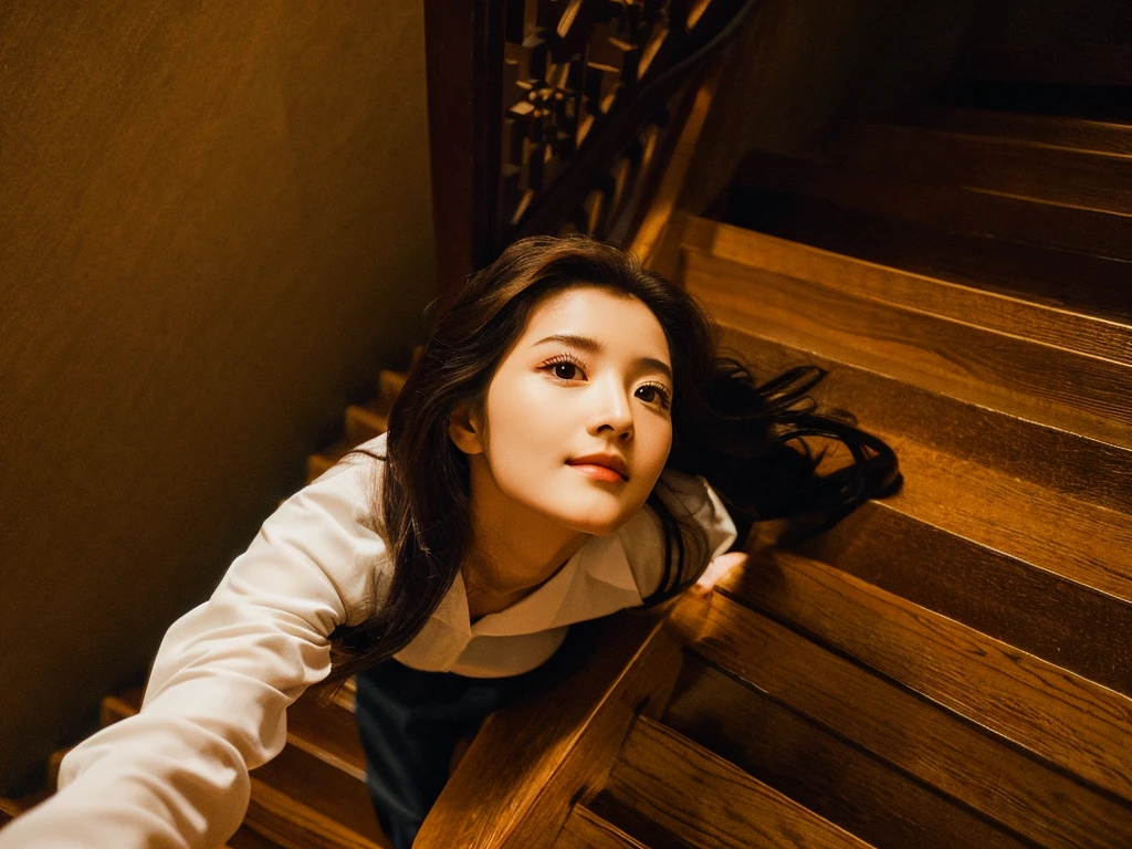 Highest quality masterpiece Beautiful woman climbs the stairway to heaven Photo style Real Close-up Dramatic Production