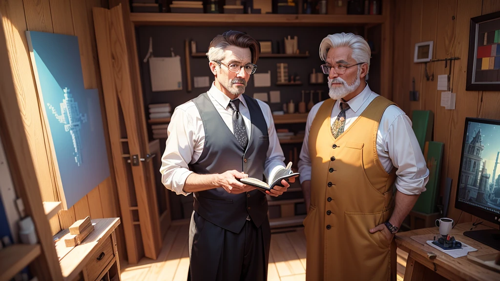 A preacher with holy bible meets Mr. Scott, at his carpentary workshop. A 3d clear cartoon pixel art show the full view of colorful carpentry shop