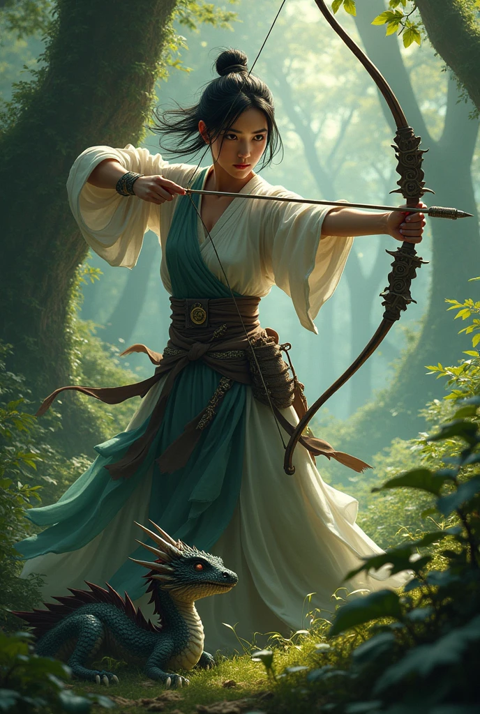 an angry-faced asian woman, short hair and archer. she is in a forest with a cute  dragon by her side