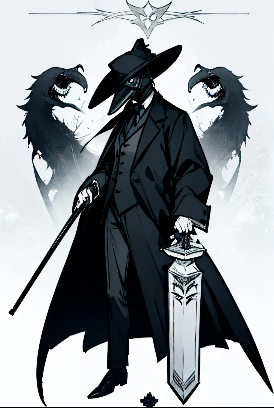 plague_doctor_Tall mask, holding a cane, wearing a suit 