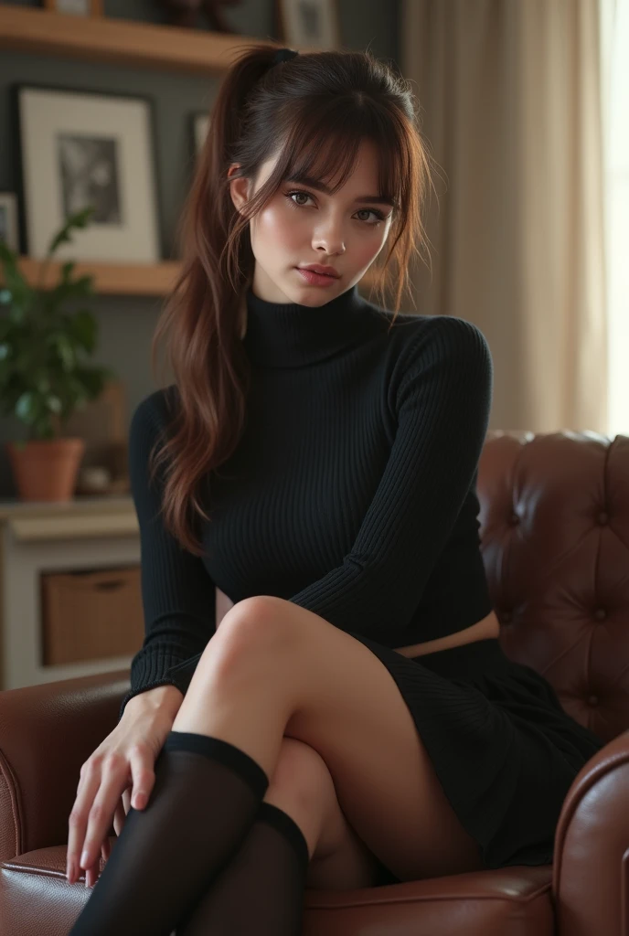 ultra realistic, photography,darker brown ponytail hair,german girl, 24 years old, hourglass figure, perfect body, Flirty look, extremely detailed artgerm, in the style artgerm, lens 35 mm, blur background, sitting in a chair in the living room, wearing a turtleneck and a skirt, wearing thigh socks, showing off legs, long legs, touching her legs, sexy legs, attractive legs, full body picture, full body portrait, full body, wide shot, wide angle