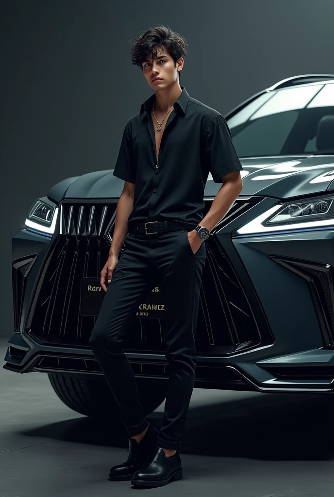 One attitude boy like anime cartoon stand with his car lx570 In black shirt and pant and write name on his lx570 number plate
boy name is sheraz Editx ad picture quality 8k and picture was like black shade/shadow