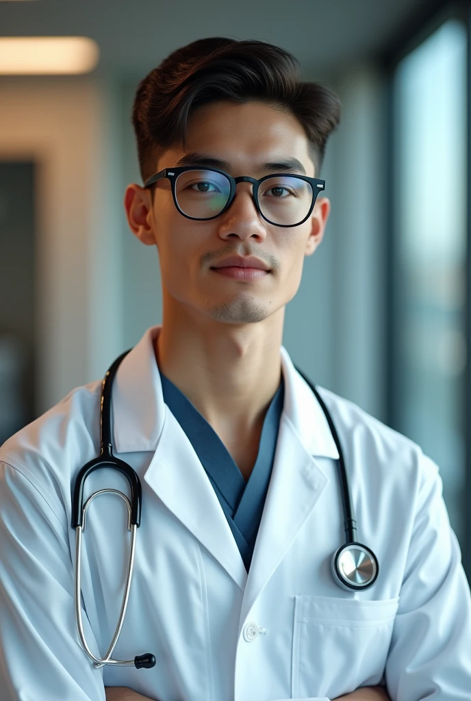 21 year old man wearing doctor white coat with stethoscope and white glass with black frame glasses 