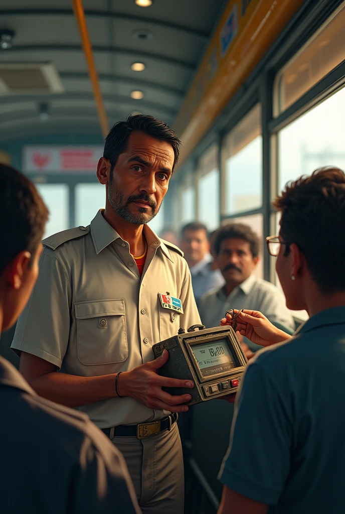 sru lankan man about 45 years ,brown ,black hair,tired little amily face ,giving ticket to a passenger , standing in the bus with a little tickets machine
