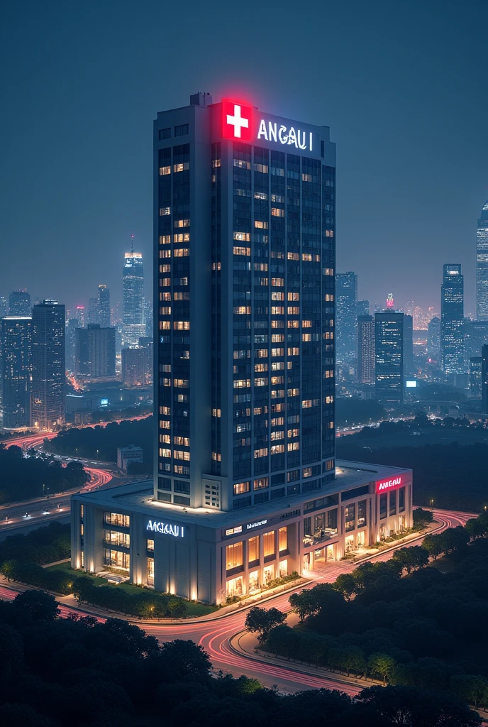 A big hospital building with a red cross near a city with logo ANGAU in night view