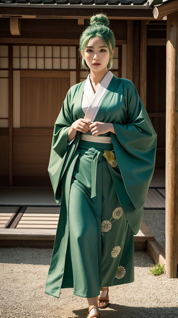 photorealistic, high resolution, 1women,young female, solo, hips up, old green hair, japanese clothes, dark green kimono, single hair bun,