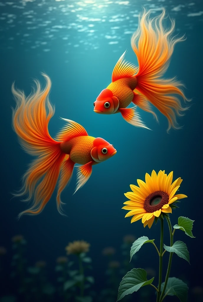 I wanted an image that had a dark blue gradient background with two orange fish, those who have orange mane, and fit sunflower somewhere.