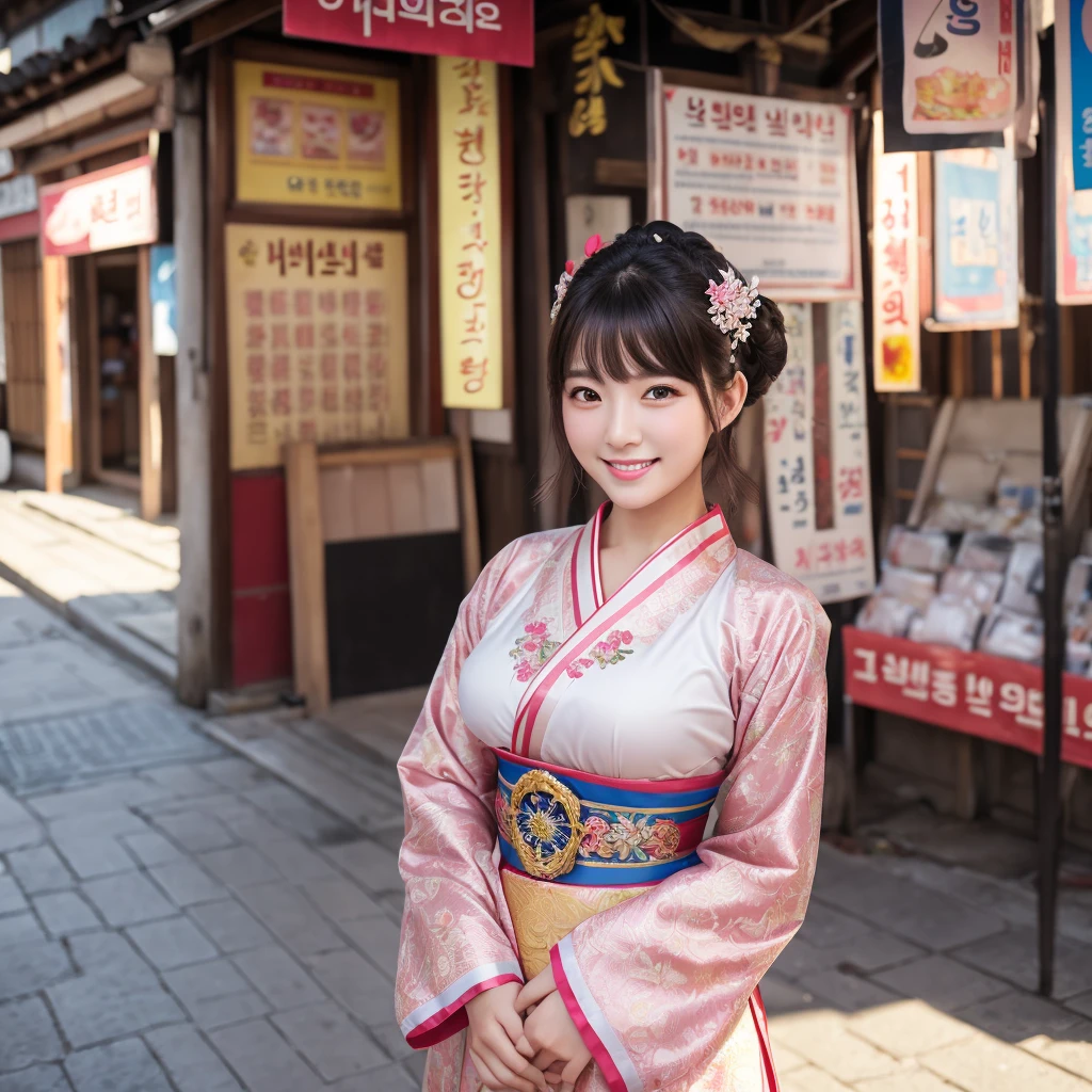 master piece,from front,standing,full body,Highest quality,Very detailed,Nikon D850 film stock photo, 1 1 1.6 Lenses, Rich colors, Realistic, Cinestill 800, Backlight, Rim Light, Studio Lighting,a girl, one girl,solo focus,alone,8k,raw photo,Korean women,Age 25,Fair skin,Blush (applied to the face)Beautiful eyes,Clear,Detailed eyes,smile,teeth,hime cut hair,,g cup bust,Large Breasts,Chimachogori (Korean traditional costume),,background:Urban streetscape of Seoul, Korea,one girl