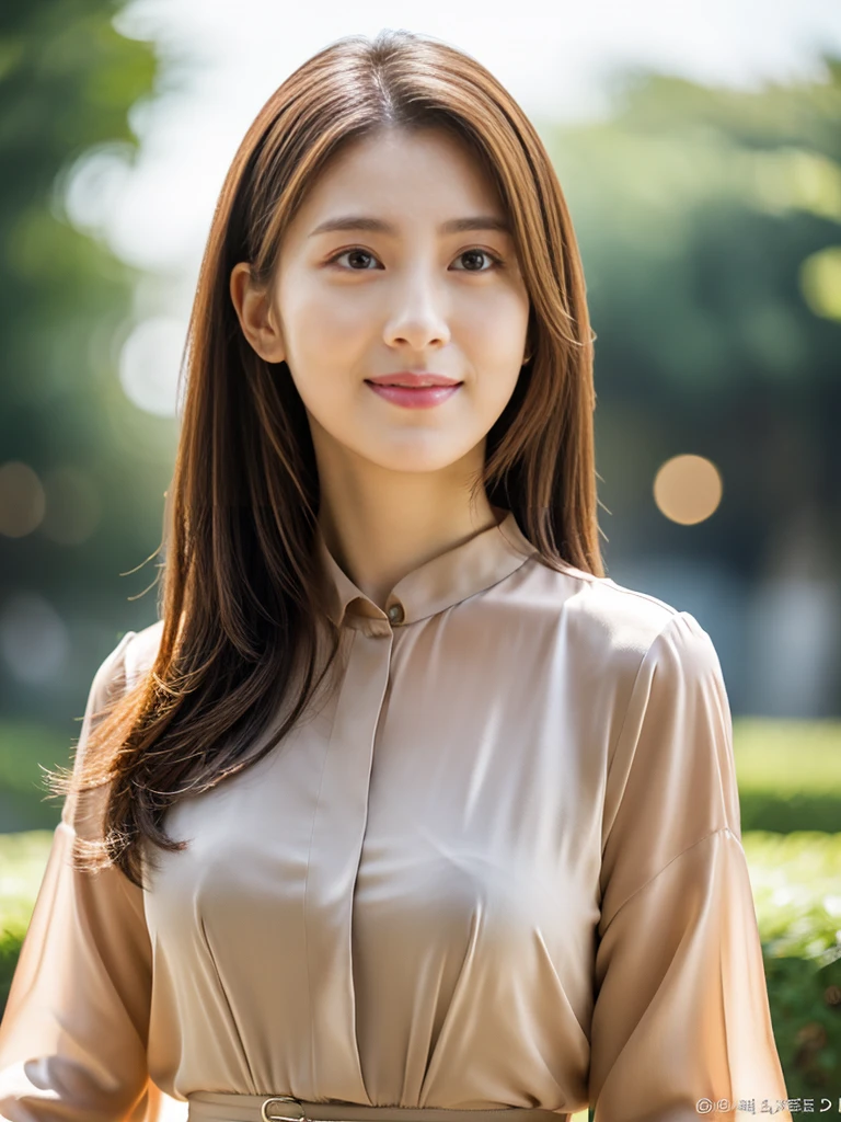 (RAW photos), (realistic), (masterpiece), (best quality), high resolution, 8k, (intricate details), (Voluminous light), portrait, female, 35 years old, medium hair, straight hair, Center chest gap, layered hair, brown hair, very nice eyes, source order, very nice eyes썹, very good skin, Very good mouth, Very good nose, Cute like an idol, happy smile, (thick lips), (looking at viewer), (Sexy and elegant blouse), ((full body shot)), ((emphasize division)),